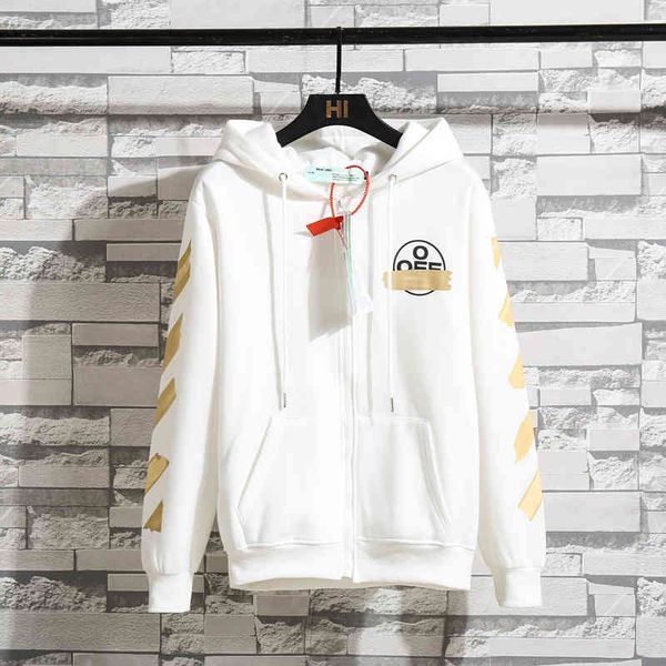 

trendy off new tape arrow print loose casual men's and women's versatile plush hooded et, Black