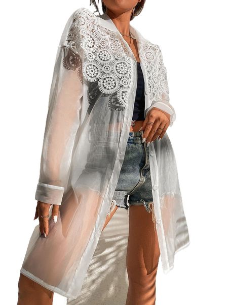 

contrast guipure lace drop shoulder mesh coat b6tj#, Black