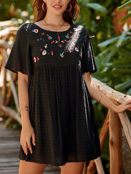

swiss dot floral embroidered smock dress s7co#, Black;gray