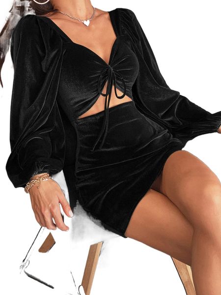 

cut out knot front bishop sleeve velvet dress p2hl#, Black;gray