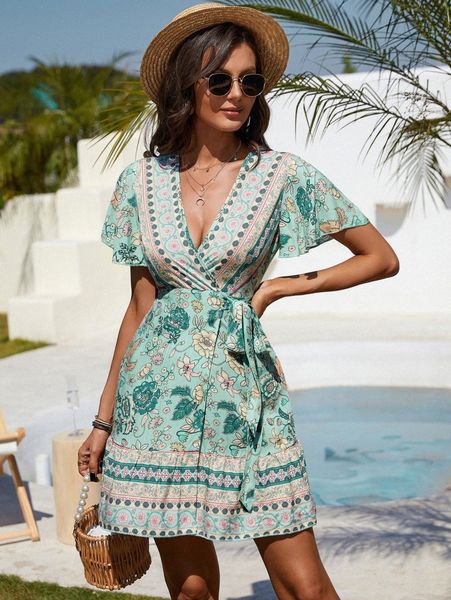 

surplice neck floral print tie side butterfly sleeve dress m1bv#, Black;gray