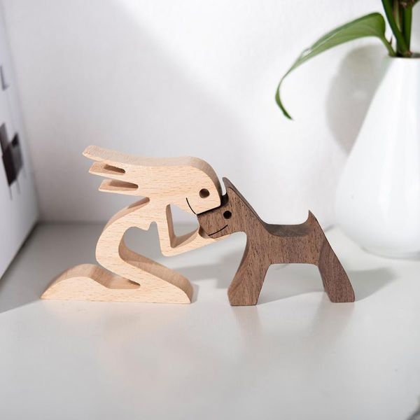 Objetos decorativos Figuras de madeira eco cão mulheres homem esculpido escultura escultura de madeira de madeira de madeira Crafs Decorações de mesa para meninos chi