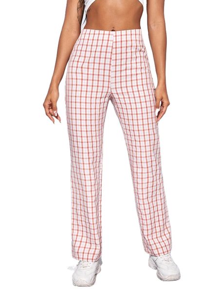

plaid print straight leg pants q07r#, Black;white