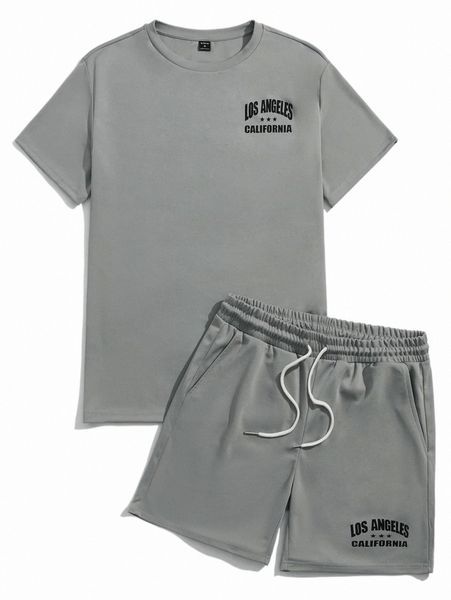 

men letter graphic tee & drawstring waist shorts 58iw#, Gray