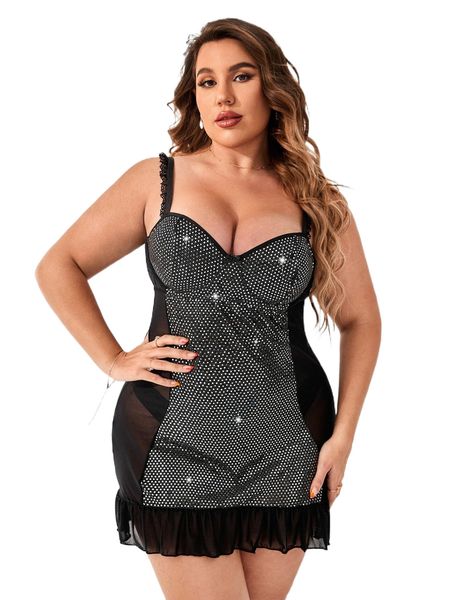 

plus contrast mesh rhinestone cut out slips without liner d4ra#, Black;white