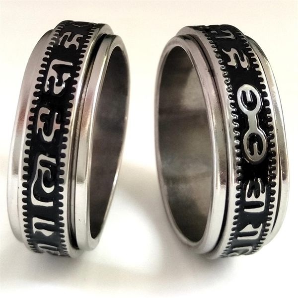 

20pcs retro carved buddhist scriptures the six words mantra spin stainless steel spinner ring men women unique lucky jewelry b311v, Silver