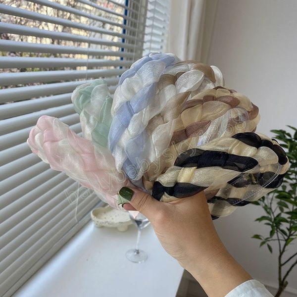 

korean patchwork braided headbands women's fashion colorblock twist mesh braided wide-brim pleated headbands face wash headgear, Slivery;white