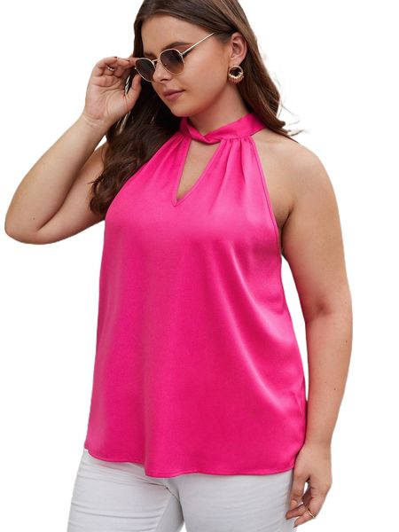 

plus keyhole neck satin blouse x9dm#, Black