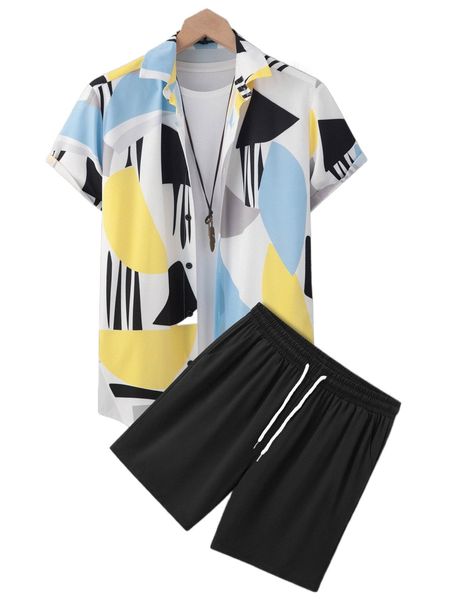 

men random geo print shirt & drawstring waist shorts without tee s5tn#, Gray