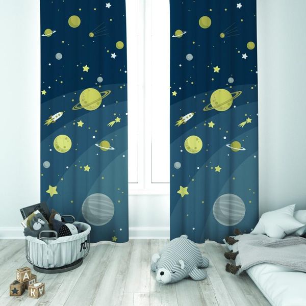 Vorhang-Vorhänge, niedliche kleine Raketen- und Weltraumfiguren, Unisex, für Baby- und Kinderzimmer, spezielles Design, Baldachin, Haken, Knopf, Verdunkelung, eifersüchtiges Fenster