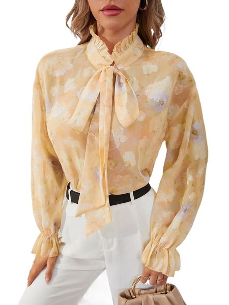 

floral print frill trim flounce sleeve tie neck blouse i20g#, White