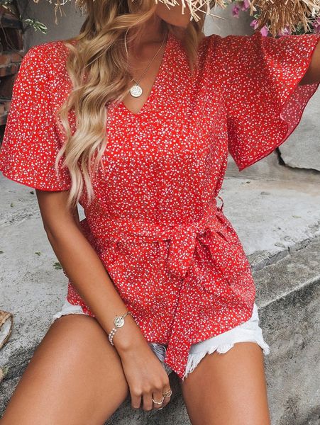 

ditsy floral butterfly sleeve belted blouse s0lp#, White