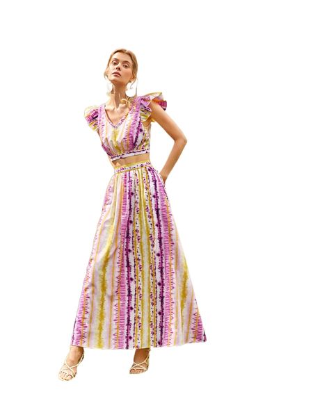 

tie dye cap sleeve crop & skirt set v6n6#, White