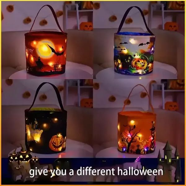 Nuovo cestino di Halloween Forniture per feste Borsa di zucca luminosa Borsa di caramelle portatile per bambini Fantasma Festival Tote Decorazione del secchiello FY5388 0727