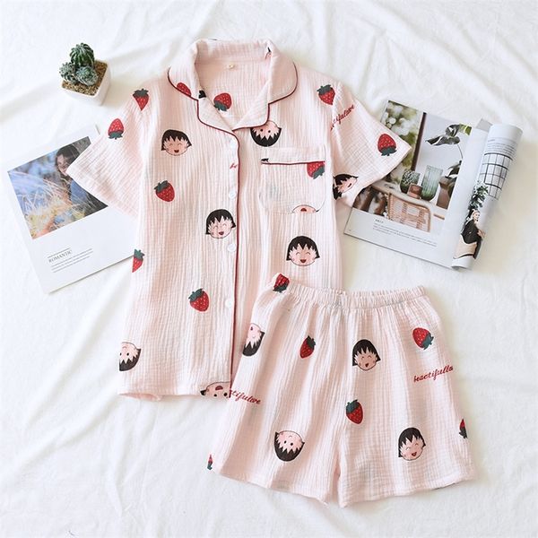 

ladies woven cotton cartoon crepe pajamas suit short sleeve shorts thin section comfortable casual night suit pizamy damskie t200429, Black;red