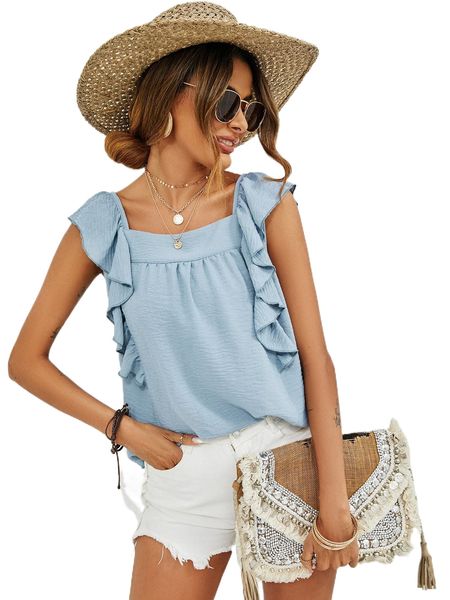 

s.quare n.eck r.uffle trim b.louse c5vy#, White