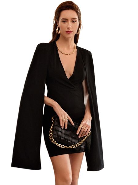 

plunging solid cape dress x05k#, Black;gray