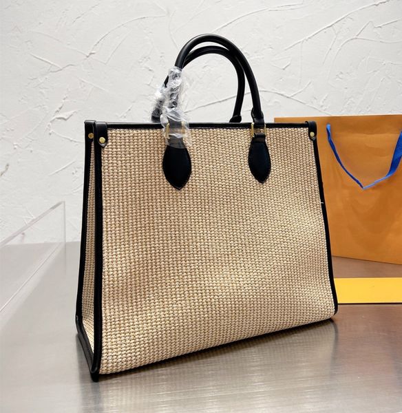 

2022 women's classic handbag straw woven bag square retro cute weaving and leather luxury simple style portable summer