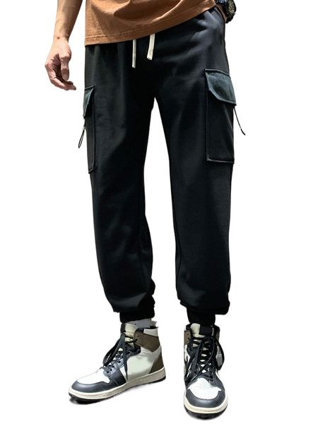 

men flap pocket drawstring detail sweatpants a5y9#, Black