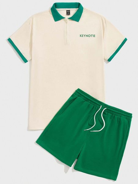 

men letter graphic contrast trim polo shirt & drawstring shorts b2cy#, Gray