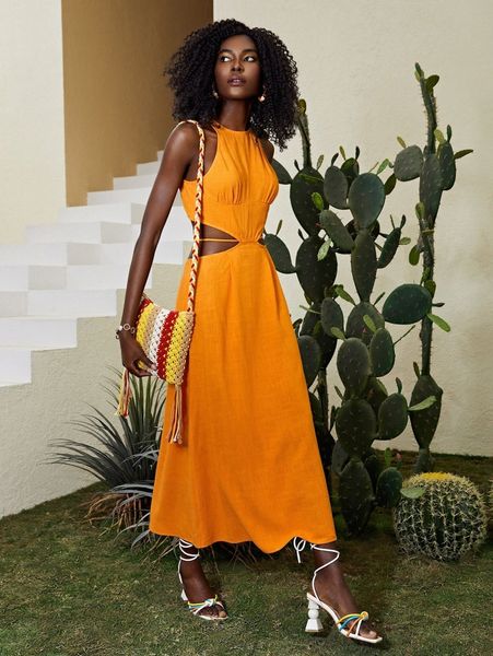 

cutout tie back solid dress 570q#, Black;gray