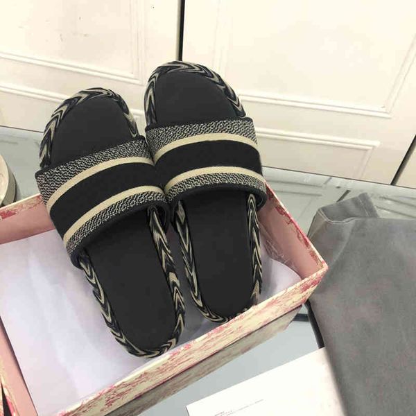 

slippers brand embroidered designers women platform sandal letter canvas cotton flip flop summer lady printed slipper stylist shoes with box, Black