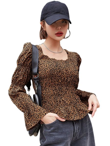 

dazy leopard print gathered sleeve ruffle trim blouse s2vk#, White