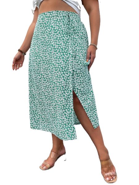 

plus ditsy floral wrap knot side skirt h477#, Black