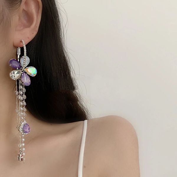 Dangle lampadario 2022 Nuovo Flower Drop Drun Women Orecching 2022 Trend Ladies Fashion Purple Crystal Chain Nake