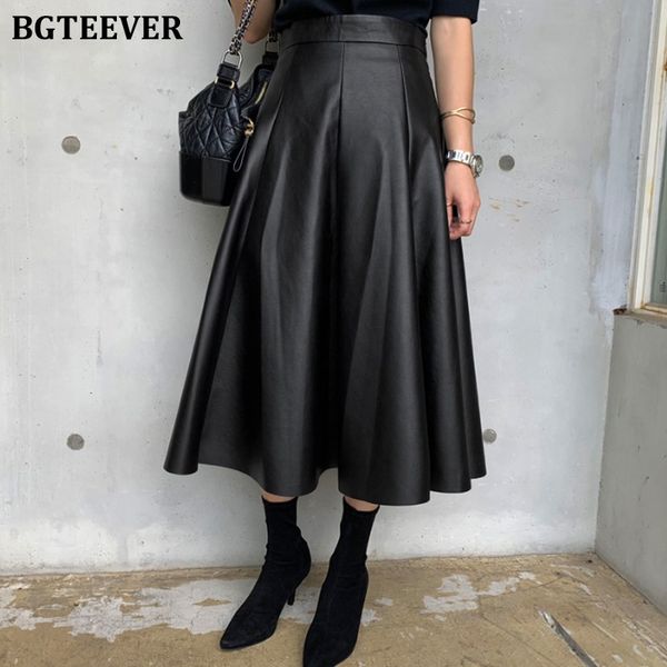 

black solid pu leather elegant midi skirt women 2022 spring high waist office ladies a line flared skirts faux leather