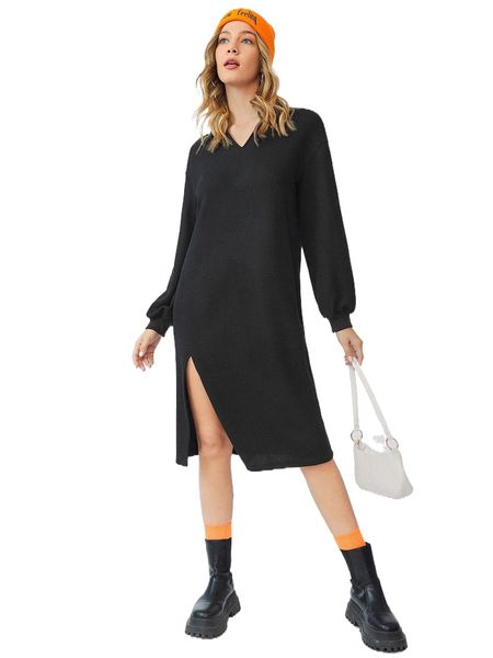 

v-neck collared rib-knit dress p8xo#, Black;gray