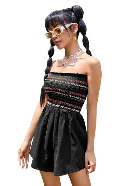 

geometric pattern shirred tube romper 06kt#, Black;white