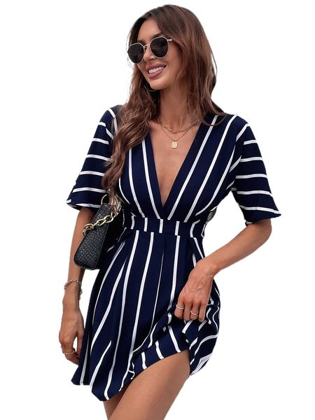 

striped plunging neck fold pleated detail dress u0rr#, Black;gray