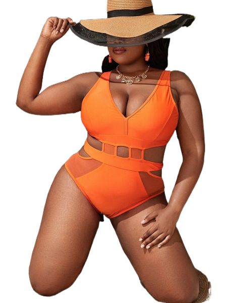

plus neon orange cut out mesh panel one piece swimsuit 935w#, White;black