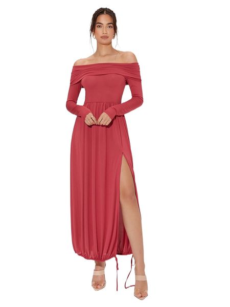 

off shoulder drawstring hem split thigh dress n6up#, Black;gray