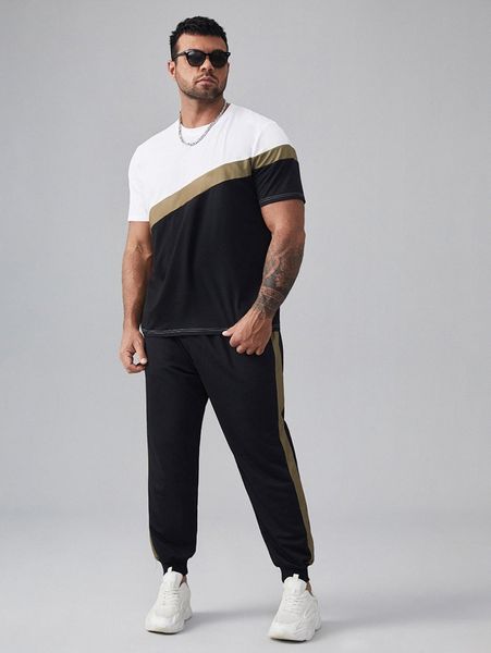 

extended sizes men cut and sew panel tee & sweatpants 97ii#, Gray