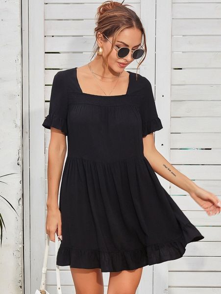 

solid flounce sleeve smock dress n5hp#, Black;gray