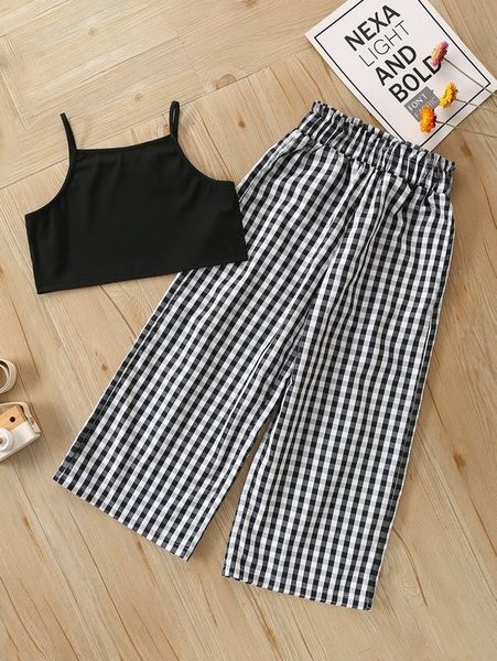 

girls cami & gingham print wide leg pants she, White