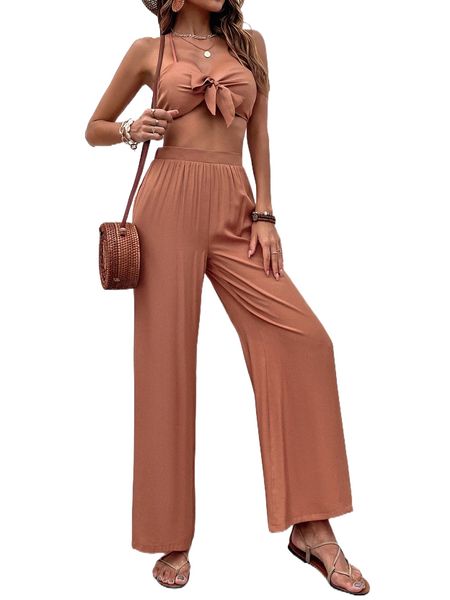 

knot front crop cami & wide leg pants g2af#, White