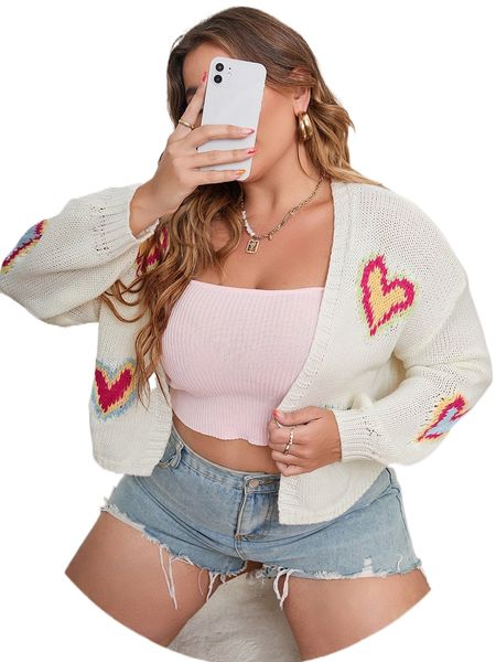 

plus heart pattern drop shoulder cardigan c7zn#, Black