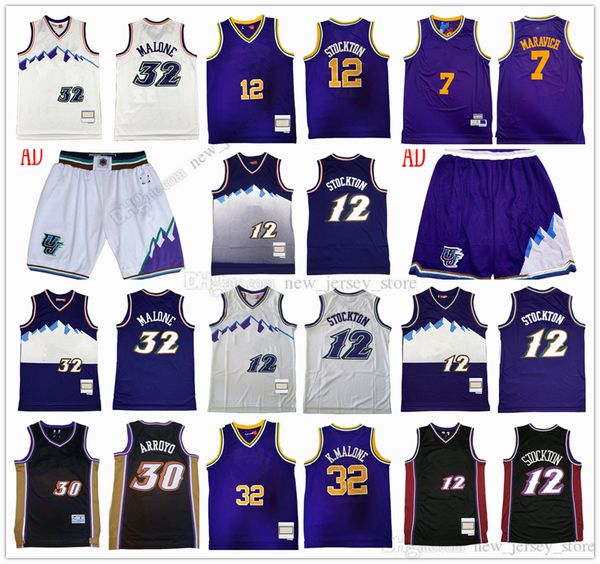 

mitchell and ness basketball 7 pete 30 carlos maravich arroyo jerseys retro stitched 12 john 32 karl stockton malone 1996-97 white purple 19, Black;red