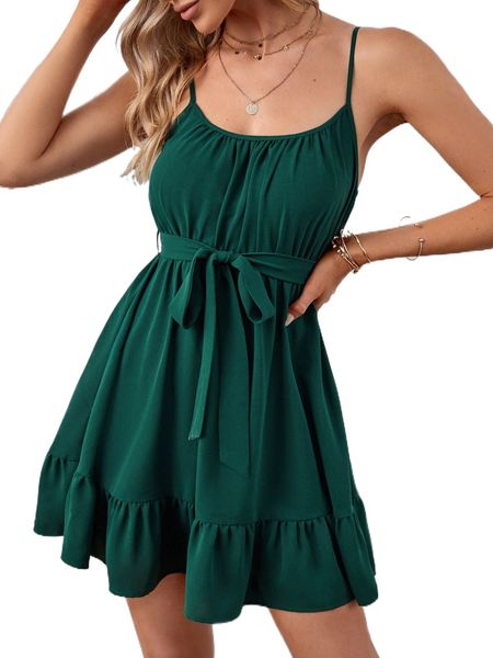 

solid ruffle hem belted cami dress i3qb#, Black;gray