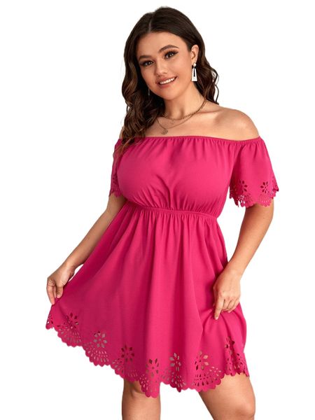 

plus off shoulder laser cut scallop trim dress i74f#, Black