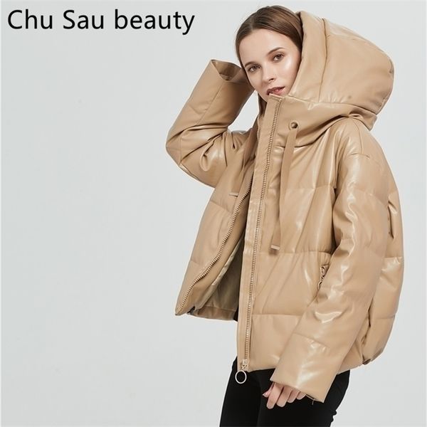 Moda Khaki PU couro de inverno jacket jacket zíper bolso fêmea feminina parkas de capuz soltos Opevers dimensty Outwear 201201