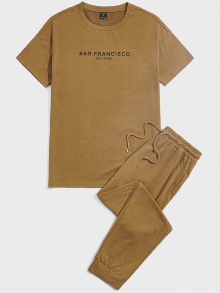 

men letter graphic tee & sweatpants set q1sh#, Gray