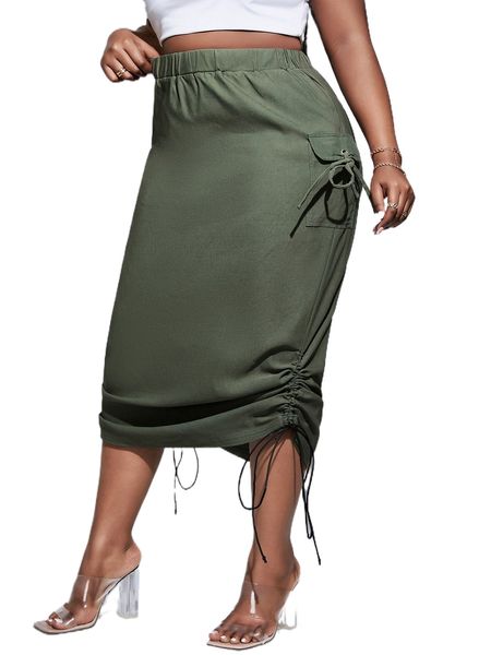 

plus flap pocket drawstring side skirt b3fd#, Black