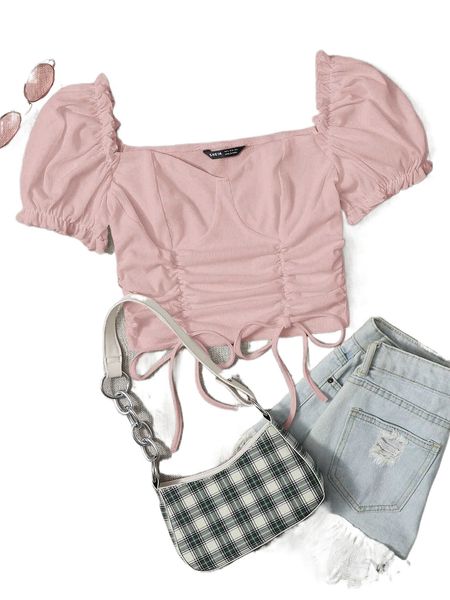 

puff sleeve drawstring knot front 728r#, White