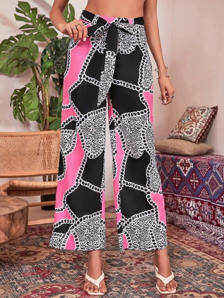 

colorblock high waist wide leg belted pants 58ck#, Black;white