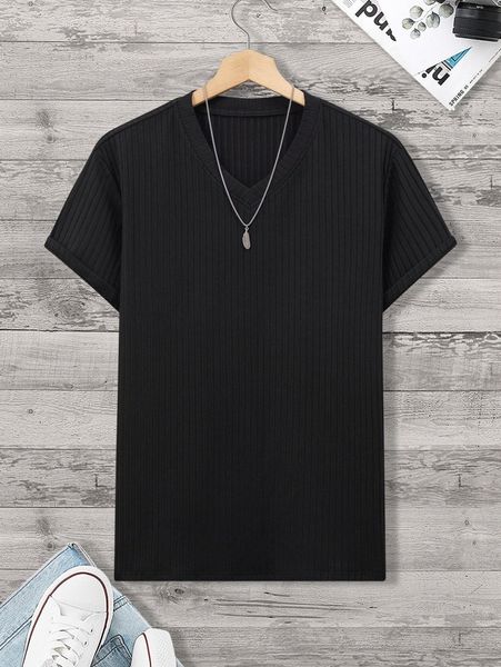 

men rib-knit v neck tee c1el#, White;black