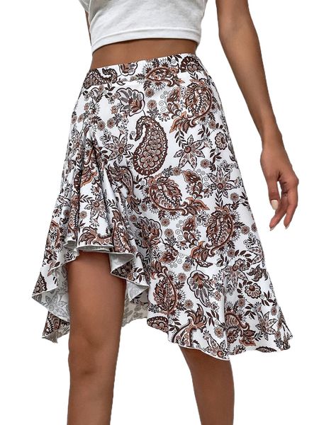 

floral & paisley print ruffle asymmetrical hem skirt 33ok#, Black